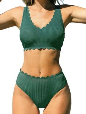 Cupshe Womens Scallop Trim Back Lace up Bikini Set ( Top & Bottom), Green, Small
